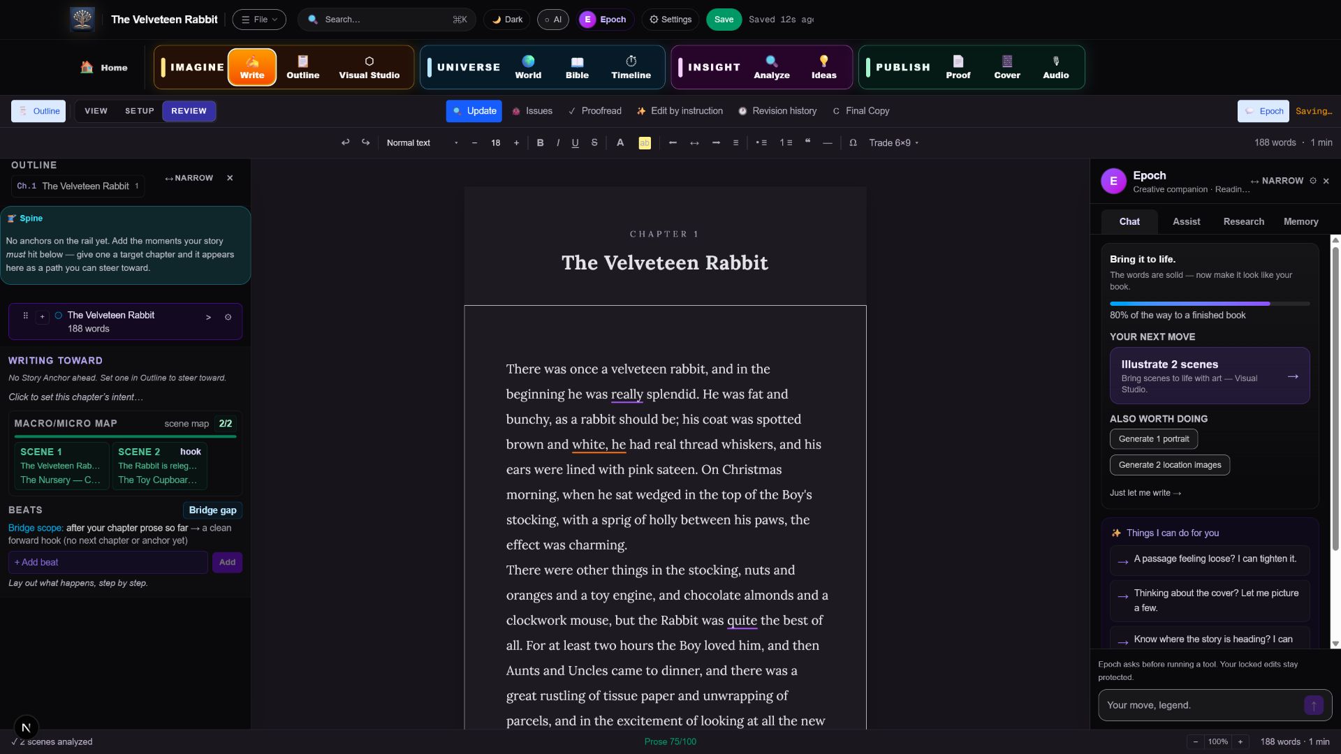 The real Epoch Studio Write room with manuscript, outline, and author-controlled companion together